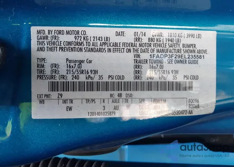 2014 Ford Focus Se z USA, uszkodzony, nr VIN 1FADP3F29EL235581